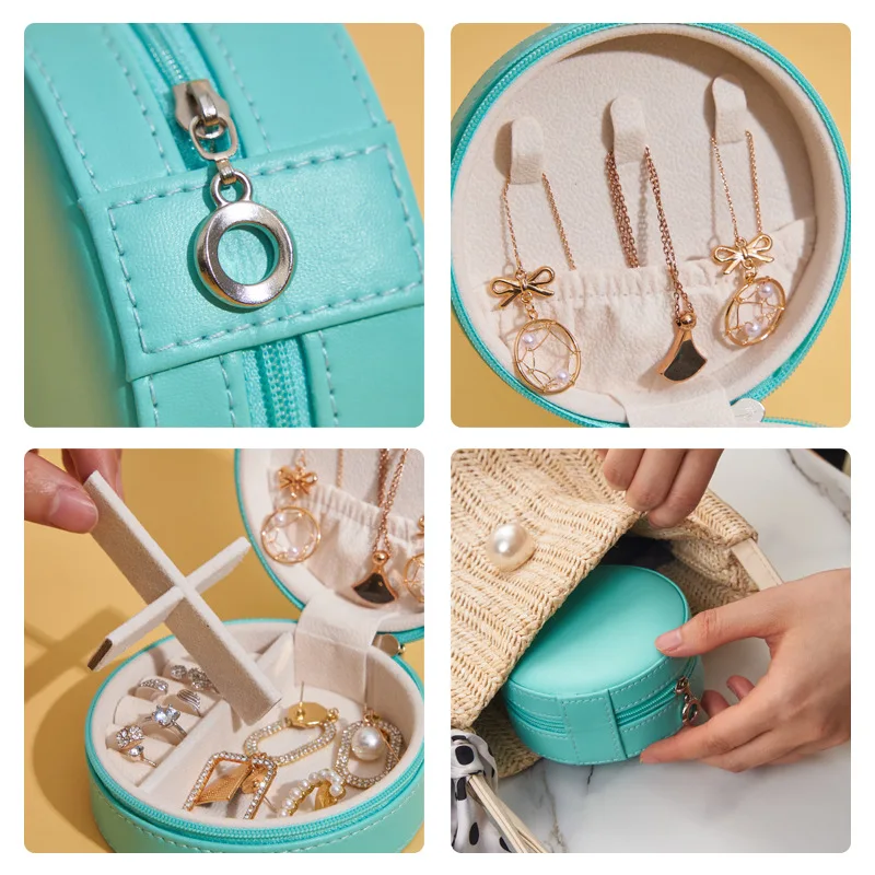 Caja de almacenamiento de joyer&iacute;a port&aacute;til, accesorio redondo y creativo de viaje, de cuero PU, para anillo, boda, fiesta, aniversario, regalo-4