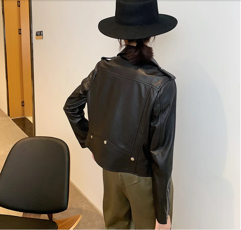 2021 New Women's Motorcycle Biker Genuine Real Sheepskin Leather Short Coat & Jacket  Spring and Autumn Black Oversized XXXXL