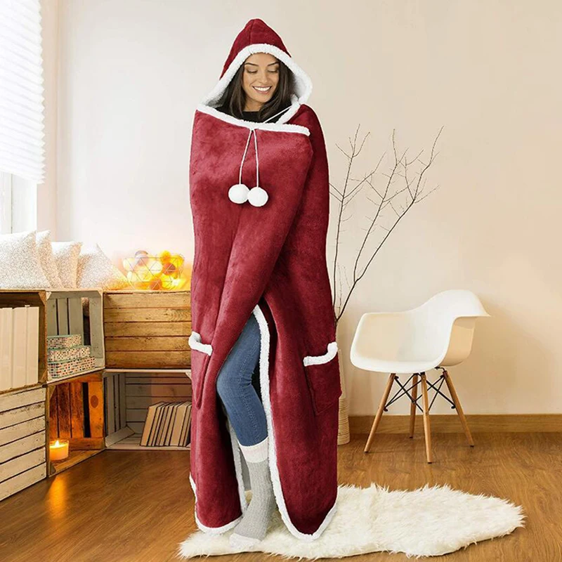 

Newly Pom-Pom Hooded Throw Blanket Thicken and Lengthen Warm Printed Casual Home Blanket