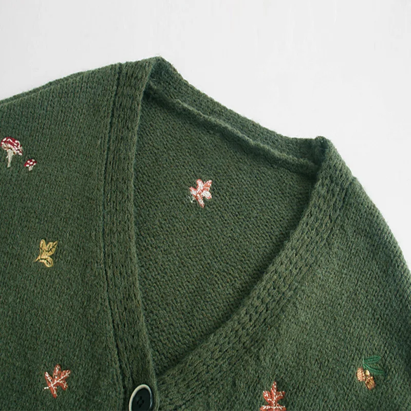 

YNZZU 2020 Vintage Army Green Embroidery Cardigan Sweater Coat Women Single Breasted V Neck Female Knitted Jacket Tops AT682