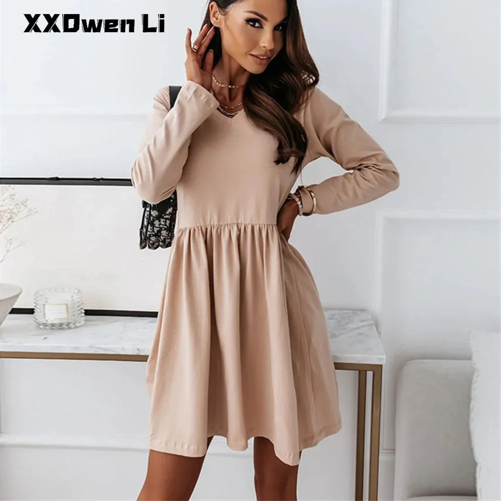 

Elegant Pure Color Long Sleeve Mini Dress 2021 Autumn Party Dress Women V Neck Folds Black Office Lady Casual Clothes Robe Femme