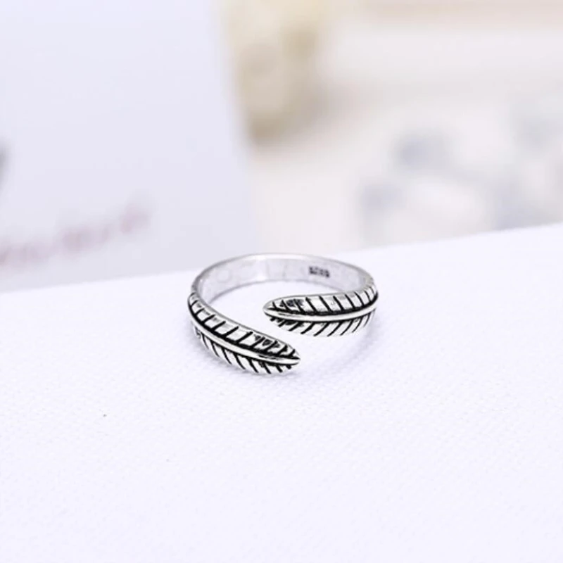 

Aestethic Elegant Teen Retro Thai Silver Feather Leaf Classic Personality 925 Standard Silver Female Resizable Opening Rings 256