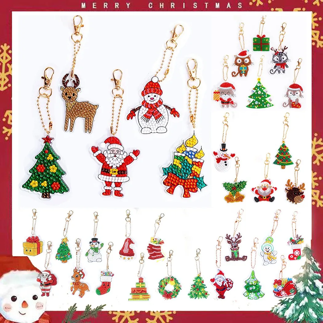 

6pcs Christmas Diamond Painting DIY Keychain Full Diamond Xmas Keychain Cartoon Animal Pendant Gift Keyring Art Craft Bag Decor