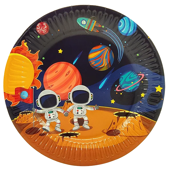 6pcs Plate Для детей астронавт космический корабль солнечные космические вечерние принадлежности Посуда баннер тарелка чашка соломенная скатерть обертка для кексов и т. Д - Цвет: 6pcs Plate