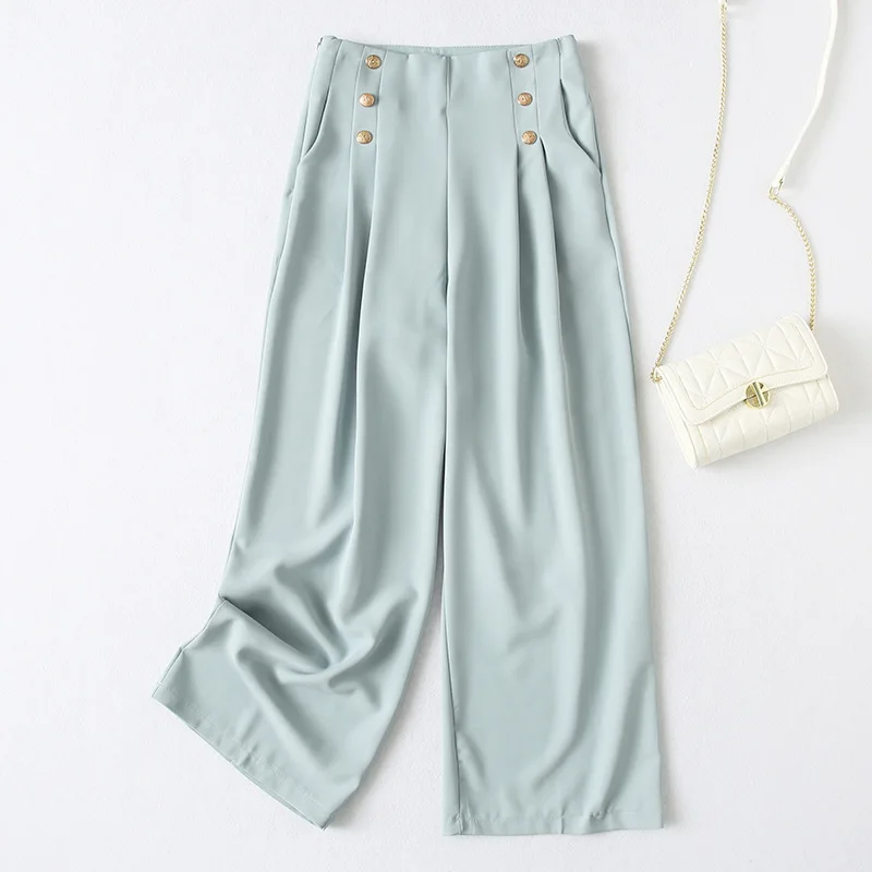 

Модные женские двубортные зеленые Костюмные брюки с высокой талией, корейские брюки, офисные женские брюки, плиссированные широкие брюки ...