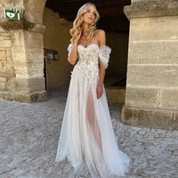 off shoulder boho wedding dresses for women 2022 tulle sweetheart beach bridal gown pleated sleeves illusion summer
