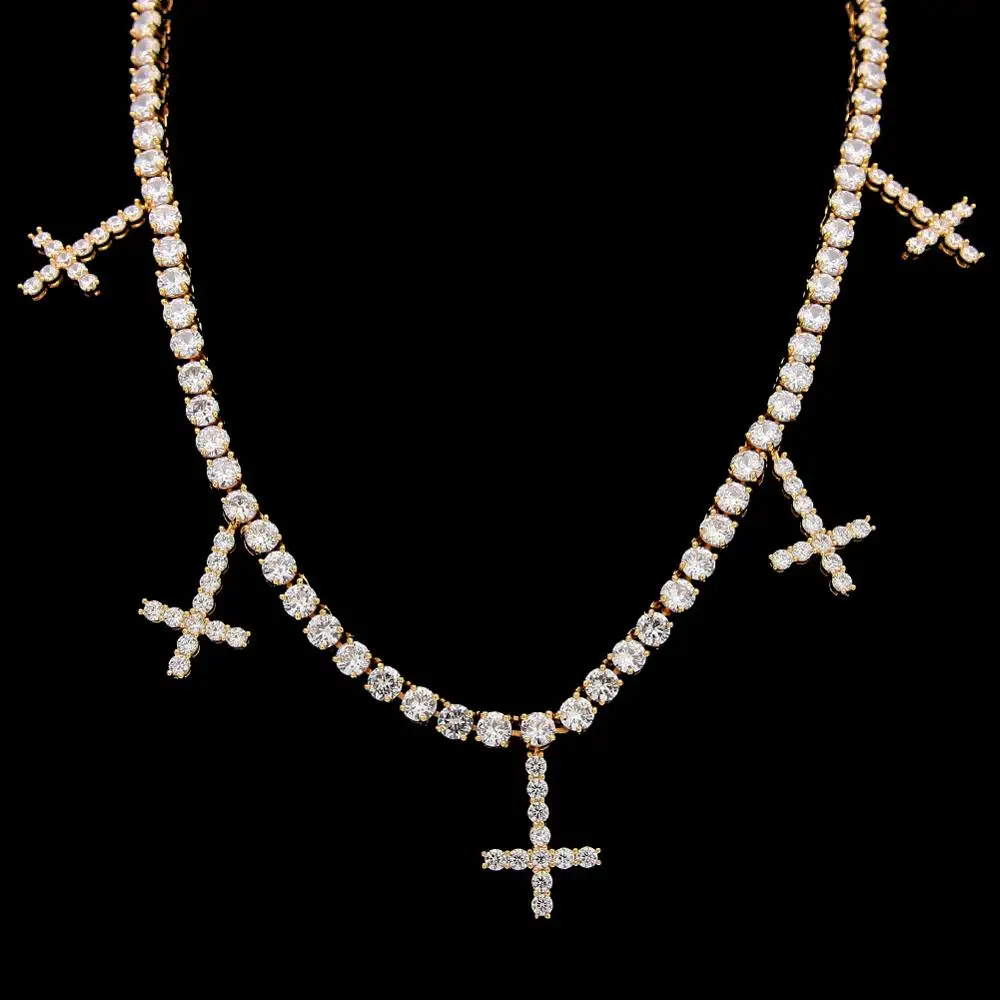 Хип-хоп 1 ряд AAA + CZ Stone Bling Iced Out 5 Cross Tennis цепочка на шею для мужчин Женская мода