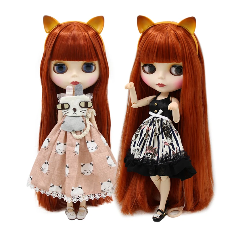 

ICY DBS Blyth doll 1/6 bjd red brown hair matte face joint body cat headband dress shoes combination 30cm fashion doll anime