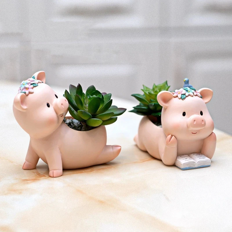 

Korean Cute Piggy Resin Succulent Flowerpot Cartoon Green Plant Mini Thumb Basin Art Handicraft Home Balcony Creative Gardening