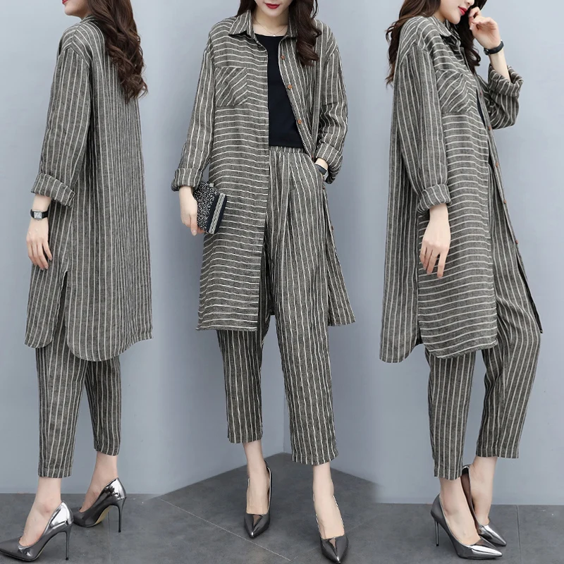 

Large Size Two Piece Set Top And Pants Striped Wholesale Clothing Women Set Ensemble Femme 2 Pieces Pantalon Elegant Suit