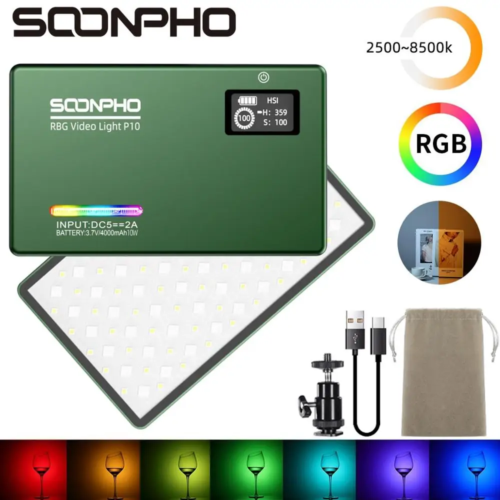 SOONPHO-luz LED para cámara P10 RGB a todo Color, salida de vídeo, Kit de luz regulable 2500K-8500K, Panel bicolor CRI 95 +