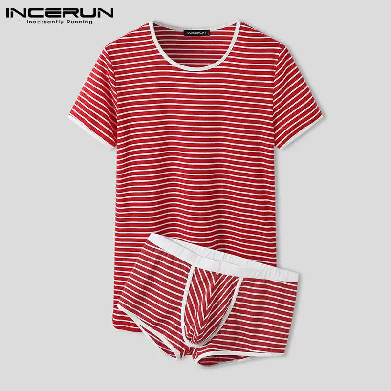 

Men Striped Pajamas Sets O Neck Short Sleeve Cozy Sleepwear & Boxers 2 Pieces Summer Mens Nightwear Suits Homewear INCERUN S-5XL