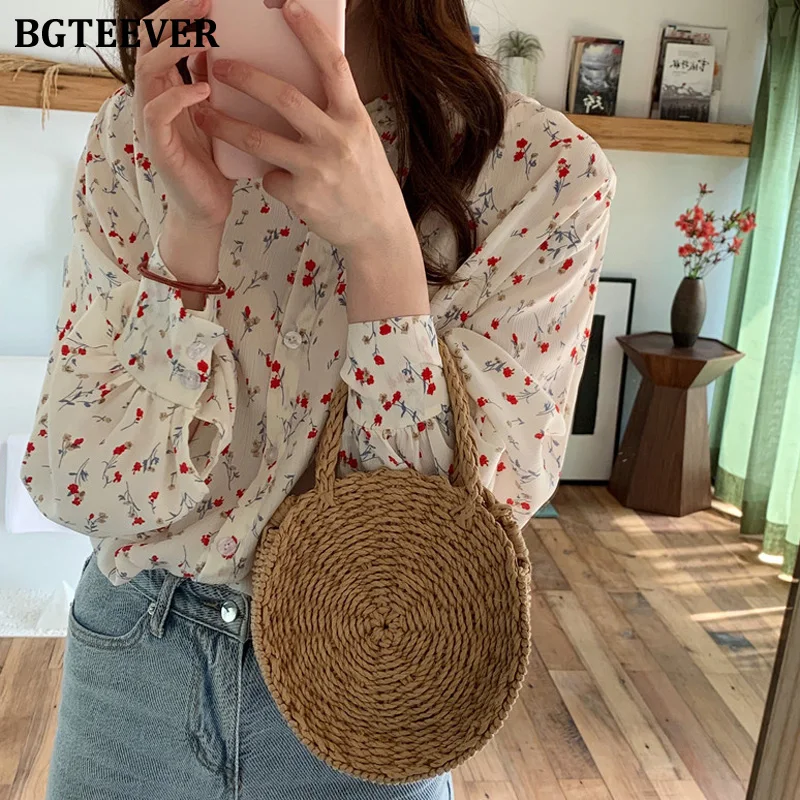 

BGTEEVER Casual Loose Women Single-breasted Floral Shirts 2022 Spring Stand Collar Long Sleeve Female Solid Blouses Tops