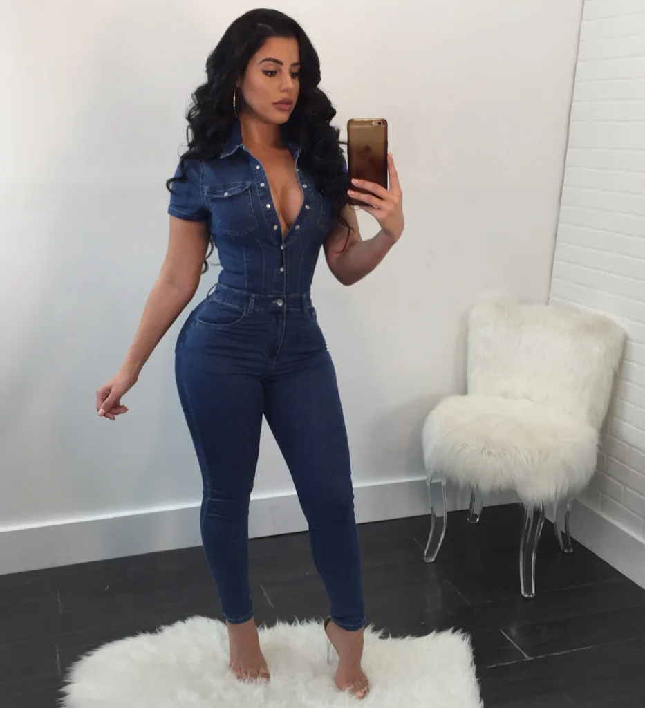 

2020 New Summer Cowboy Slim Turn Down Collar Bodysuit Women Was Thin High Waist Skinny Long Jumpsuits Jeans Bodysuit Women
