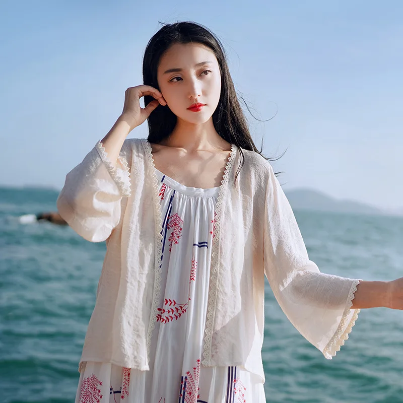 qi mei Literature and Art WOMEN'S Dress Outdoor Cardigan Women's Thin Sun Shirt Summer Solid Color Loose-Fit Sweater Lad |