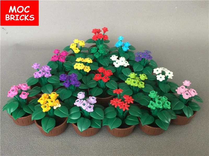 Отдельный набор кубики MOC DIY Красочные цветы горшок растения красная роза ствол