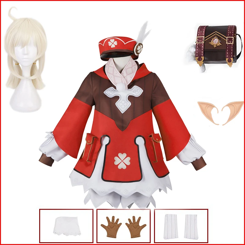 Disfraz de Anime Genshin Impact Klee para niños y adultos, traje de Cosplay, mochila, peluca, zapatos, traje de Lolita, vestido para fiesta de Halloween