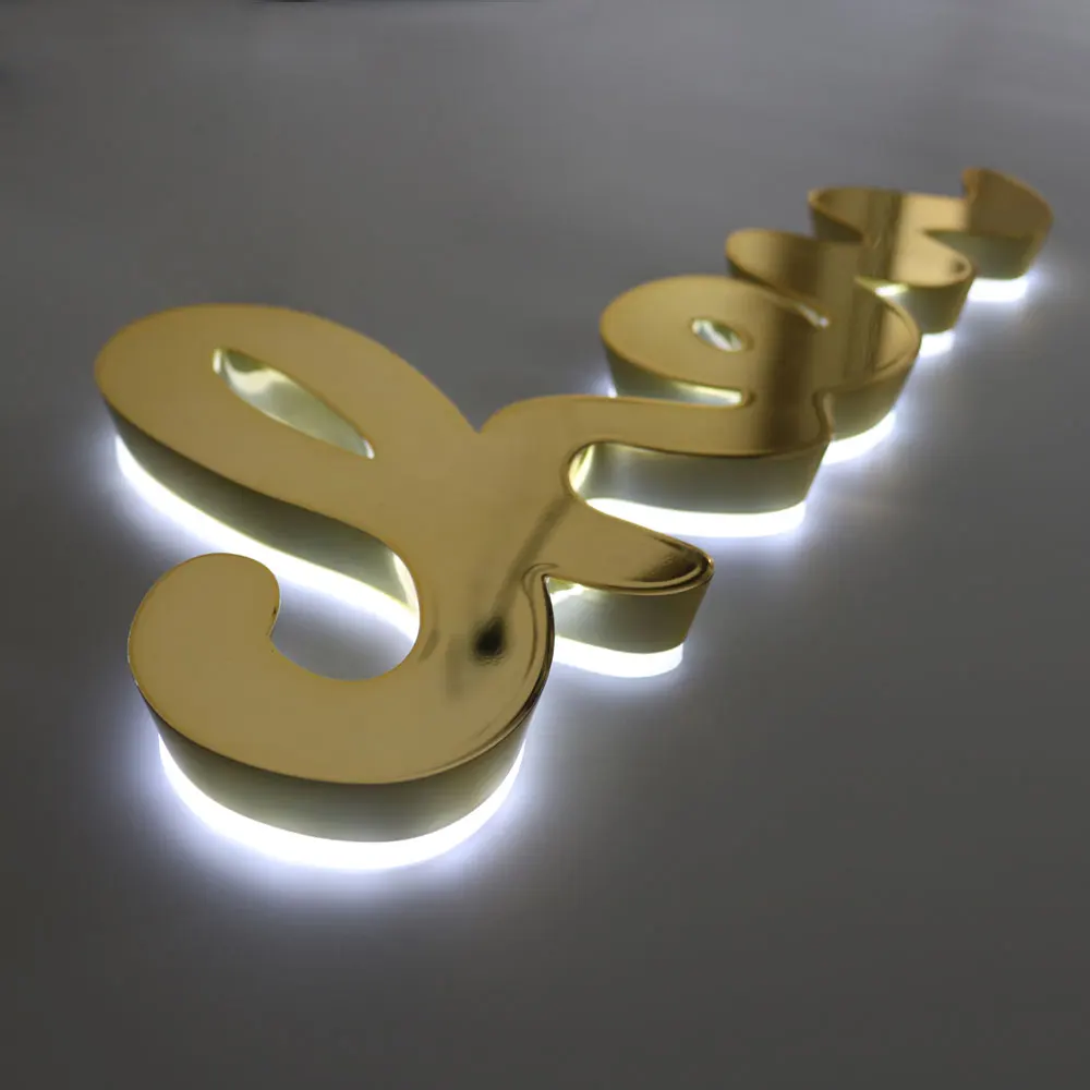 

Mirror/Polished Stainless Steel Led Sign Golden Channel Letter Backlit Signage Advertising Sign Logo in Store Hotel Mall