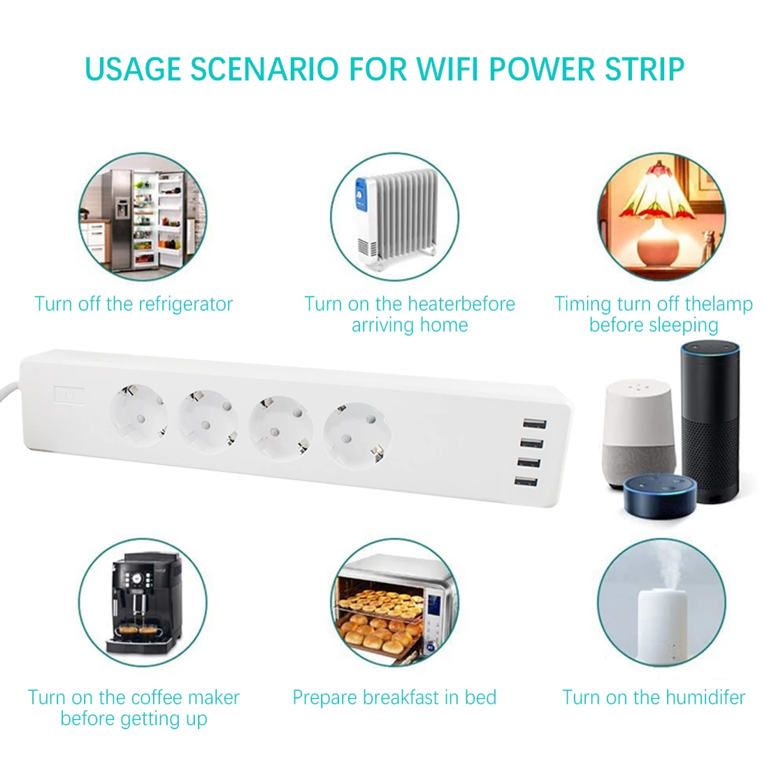 

Smart Wireless EU Power Strip with 4 USB Charging port Timing App Voice Control Smart Plug Work with Alexa Google SmartLife