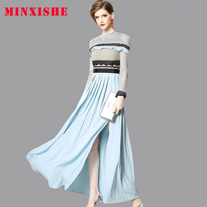 Женское платье 2019 плиссированная полая вечерние кружевные Элегантные