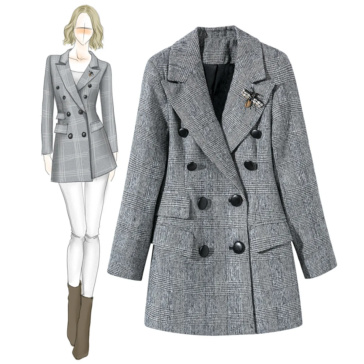 

Little Bee Hand-embroidered Wool Mid-length Suit Jacket Slim Dress 2021 Boutique Women's New