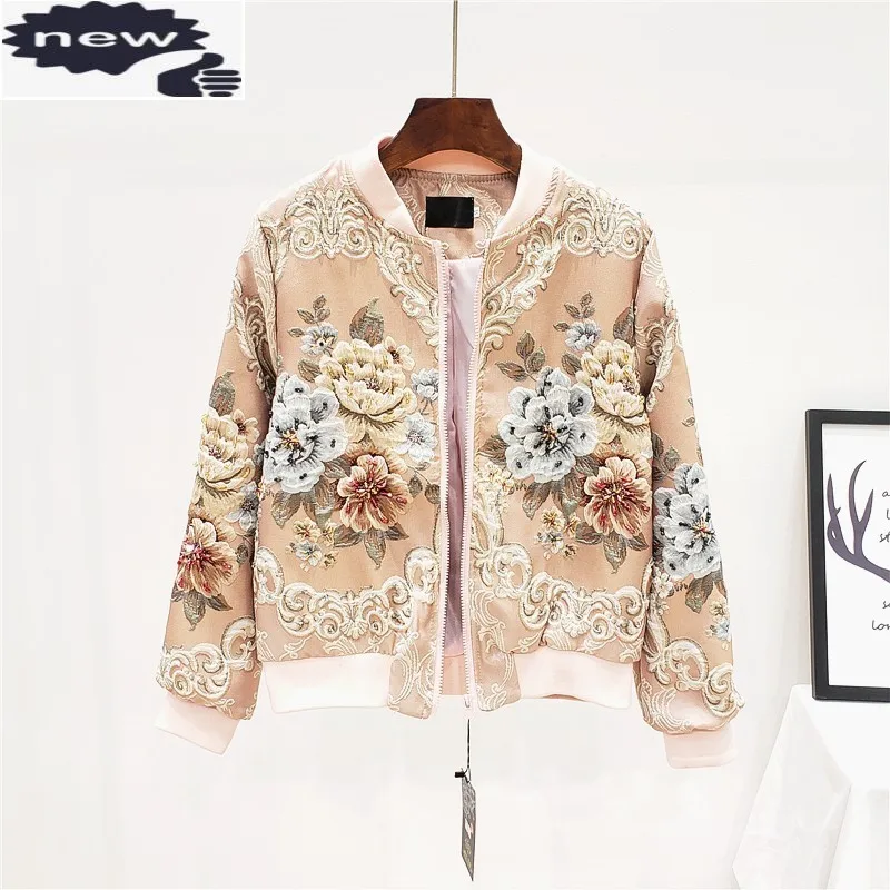 Vintage Floral Jacquard Embroidery Bomber Jacket Women Retro Court Beads Outwear Coat Fashion Ladies Stand Collar Casual Jackets