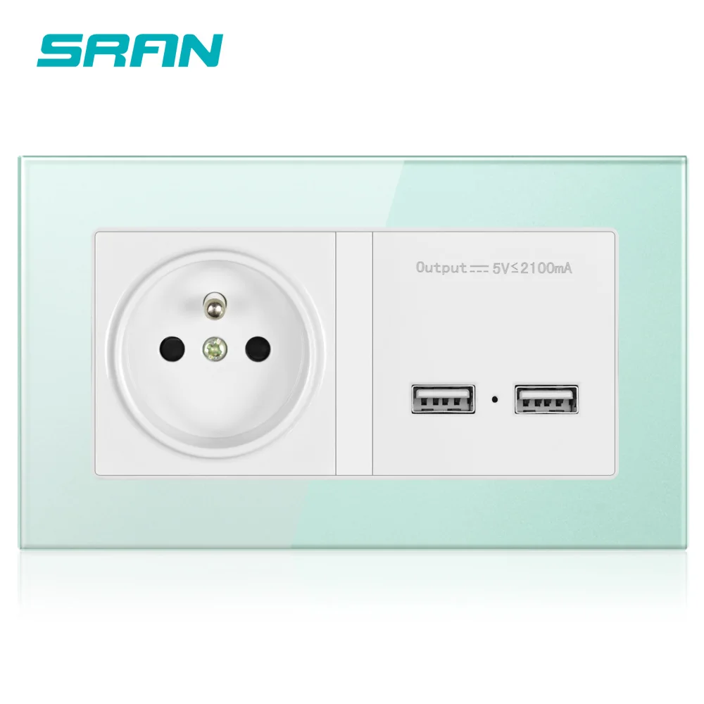 SRAN Французский двойной оправе розетка с двойной USB порт зарядки 5V 2A настенное зарядное устройство розовый/зеленый закаленное стекло панель 146*86