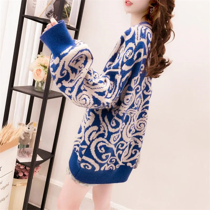 2019 autumn and winter retro ethnic style V-neck long-sleeved sweater women's head college wind knit top | Женская одежда