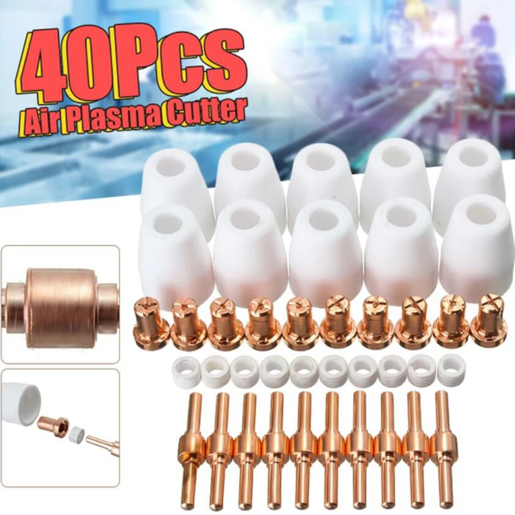 

40pcs Air Plasma Cutter Nozzle Tip Consumables Cup Splitter Extended Kit 0~40A for PT-31 LG-40/Torch CUT-40