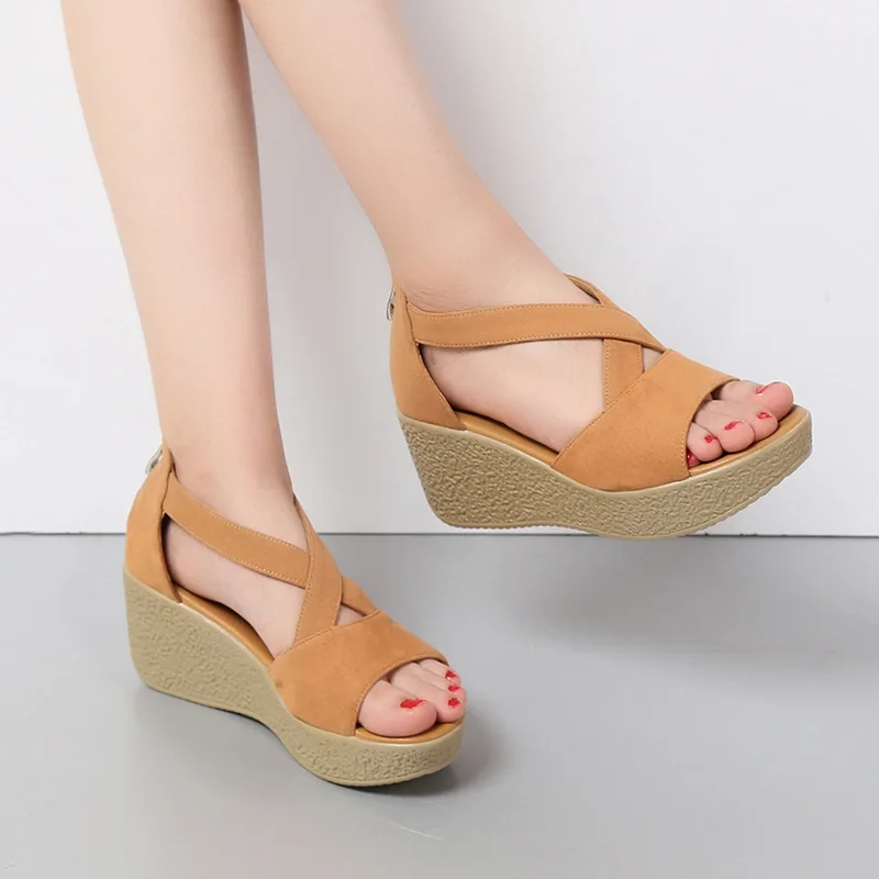 Сандалии женские с открытым носком босоножки на танкетке кожаная обувь лето 2018 |