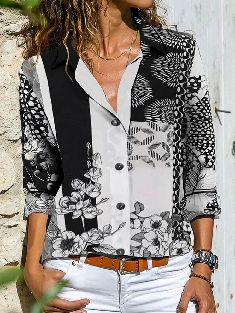 

Fashion Printed Long Sleeve Shirt Women Casual Large Size Ladies Shirt All-match Top