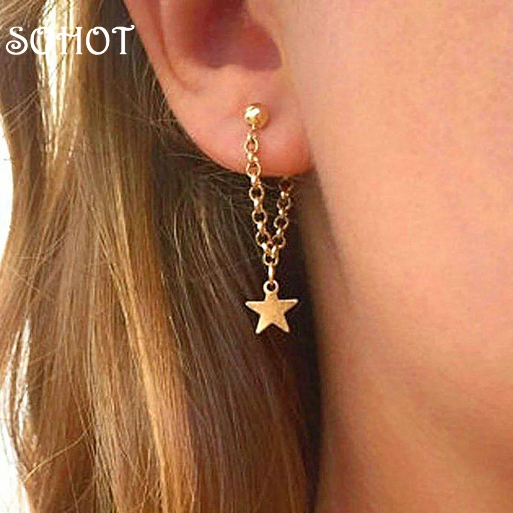 Серьги-подвески женские короткие золотистые с блестками и звездами | Украшения