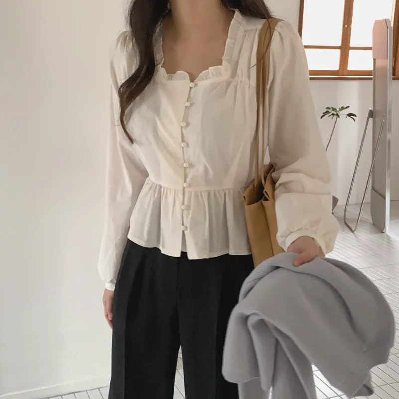 

HziriP 2021 Hot Plus Size High Waist Solid Loose Slim Sweet Femme Chic New Full Sleeve Fashion Gentle All-Match Tops Shirts