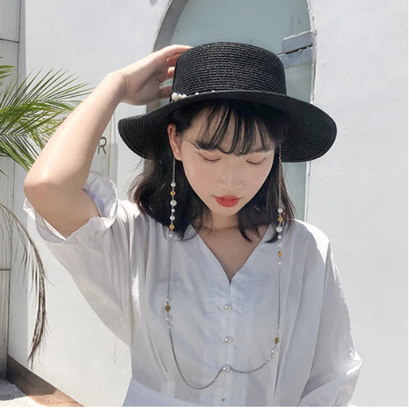 

2020 New Summer Flat Sun Hats For Women Chapeau Feminino Elegant British Pearl Chain Straw Hat Girl Panama Anti-UV Bucket Cap