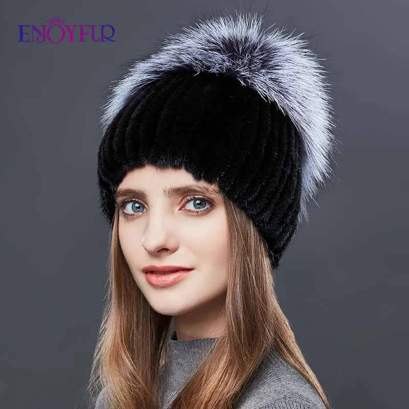 Женские вязаные шапки ENJOYFUR теплые из натурального меха норки с плетением лисьего