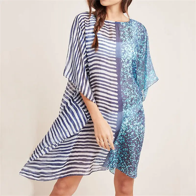 2021 повседневное свободное летнее пляжное платье в синюю полоску Шифоновая