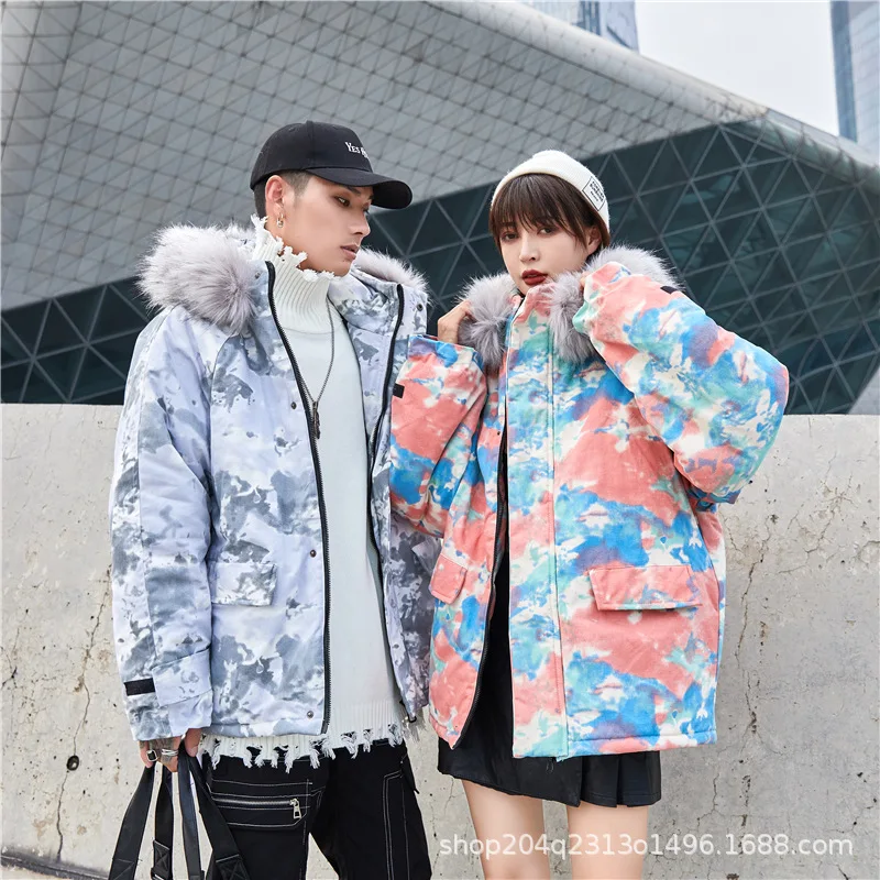 

Мужское хлопковое пальто с меховым воротником и принтом, Молодежная парная теплая повседневная одежда с хлопковой подкладкой, 2022