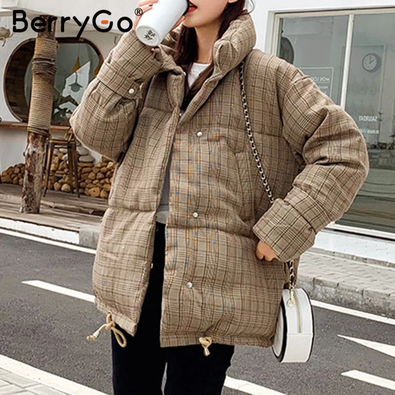 BerryGo Зимняя Толстая теплая клетчатая парка для женщин повседневные женские парки