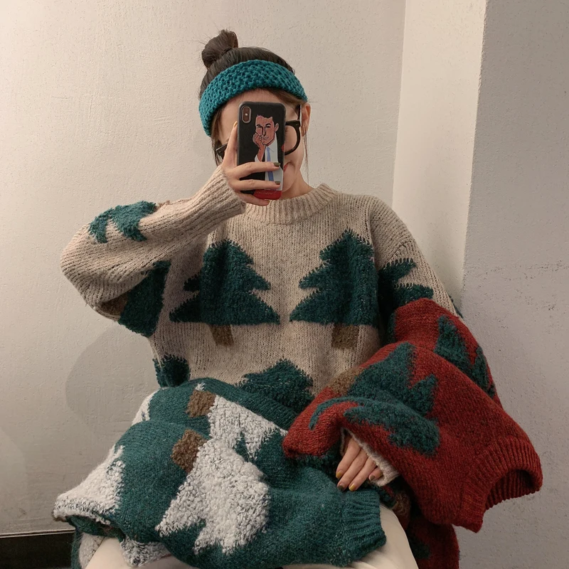 

Vintage Christmas Tree Sweater Women Korean Casual Hit Color Oversized Thicken Pullover Jumpers Long Sleeve Knitwear Winter 2020