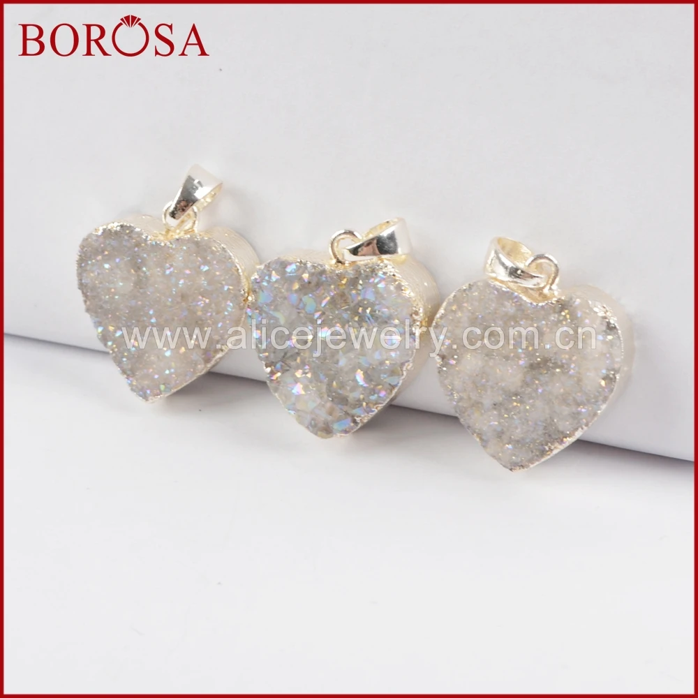 Женский кулон в форме сердца BOROSA серебряного цвета с натуральным кристаллом