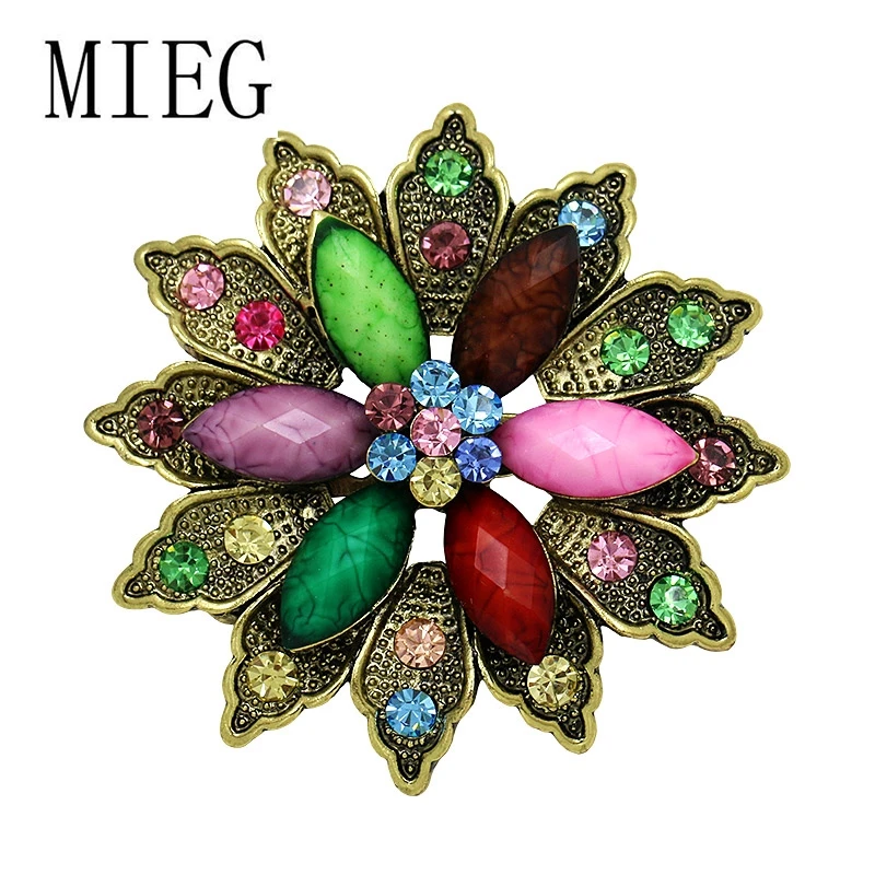 MIEG ювелирные изделия старинные позолоченные красивые смолы камень и Хрустальный цветок броши для женщин