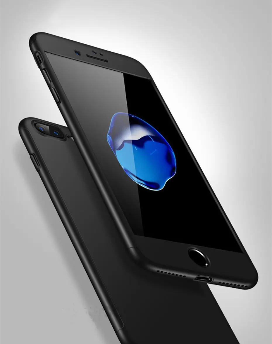 360 полный защитный чехол для телефона с закаленным стеклом для iPhone XR Xs Max X, чехол для iPhone 8 7 Plus 6 6s Plus, чехол 5 5S SE - Цвет: Черный