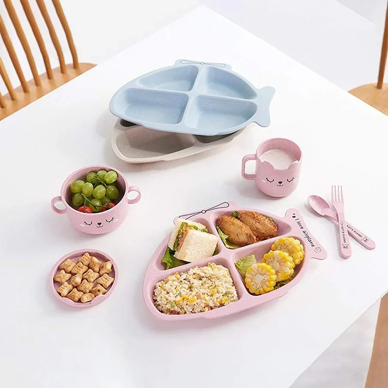 

Baby Solid Feeding Kids Plate Plastic Children Divided Dinner Dish Lovely Cartoon Helicopter Baby Food 4 Section With Spoon Fork