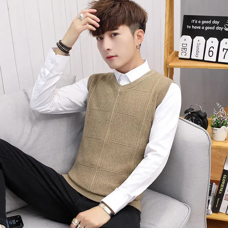 

Autumn and winter knitted woolen vest men's v-neck youth woolen waistcoat cardigan men's sleeveless sweater vest