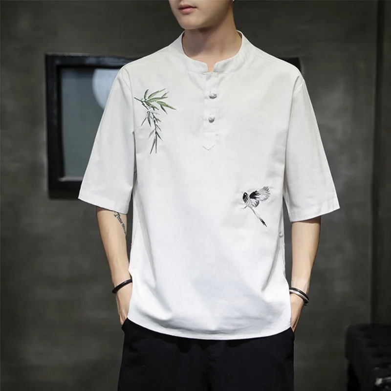 

Summer Chinese Style Hanfu Men Short Sleeve Cotton T-Shirt Kung Fu Tai Chi Tee Tops Zen Tea Art Qipao Shirt Casual Blouse KK3741