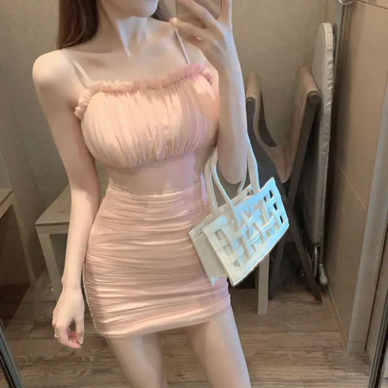 

2021 Summer Women Pink Mini Dress Female High Waist Slim Backless Sleeveless Mini Dresses Sexy Bodycon Party Vestidos Y894