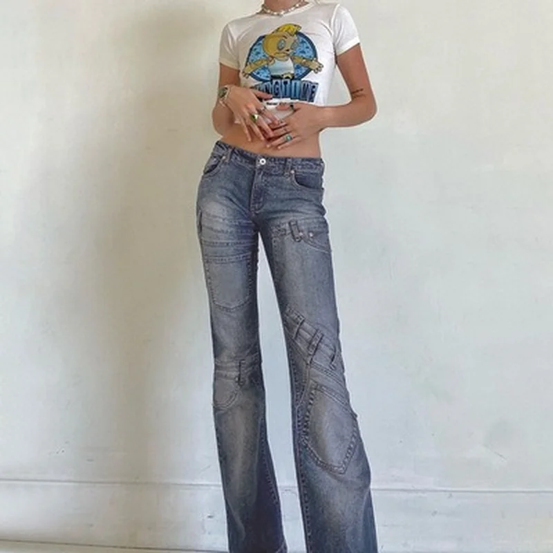 

WeiYao Patchwork Jeans New Women Fashion Summer Spring Vintage Y2K High Waist Casual Pant Goth Streetwear Long Denim Trousers