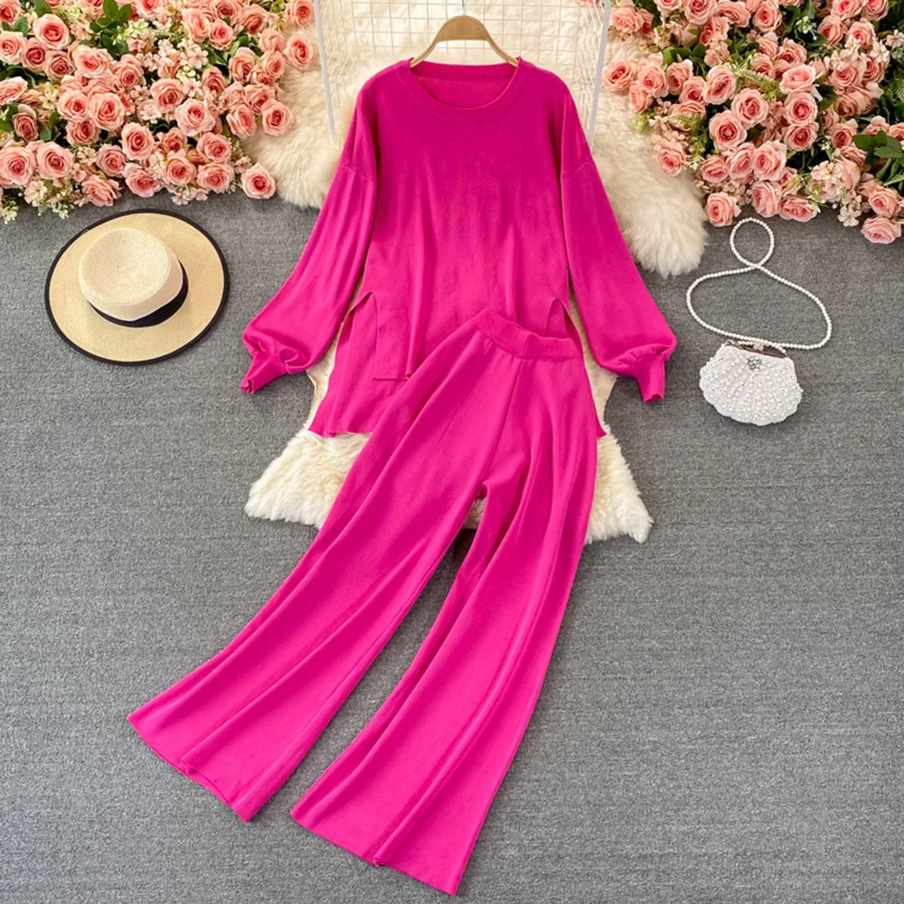 

Casual Two Piece Set O neck Tops And Pants 2 Piece Outft Autumn Winter New Sweater Ribbed Pull knitting Femme Suit