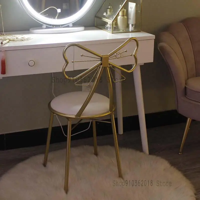 

Simple Nordic Home Backrest Dressing Table Chair Iron Art Small Makeup Stool Nail Chair Ins Bow Net Red Stool