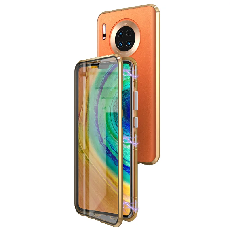 

Luxury Metal bumper Magnetic Front Tempered Glass Case For Huawei Mate 30/Mate 30 Pro 5G Genuine Leather Back cover Flip Cases